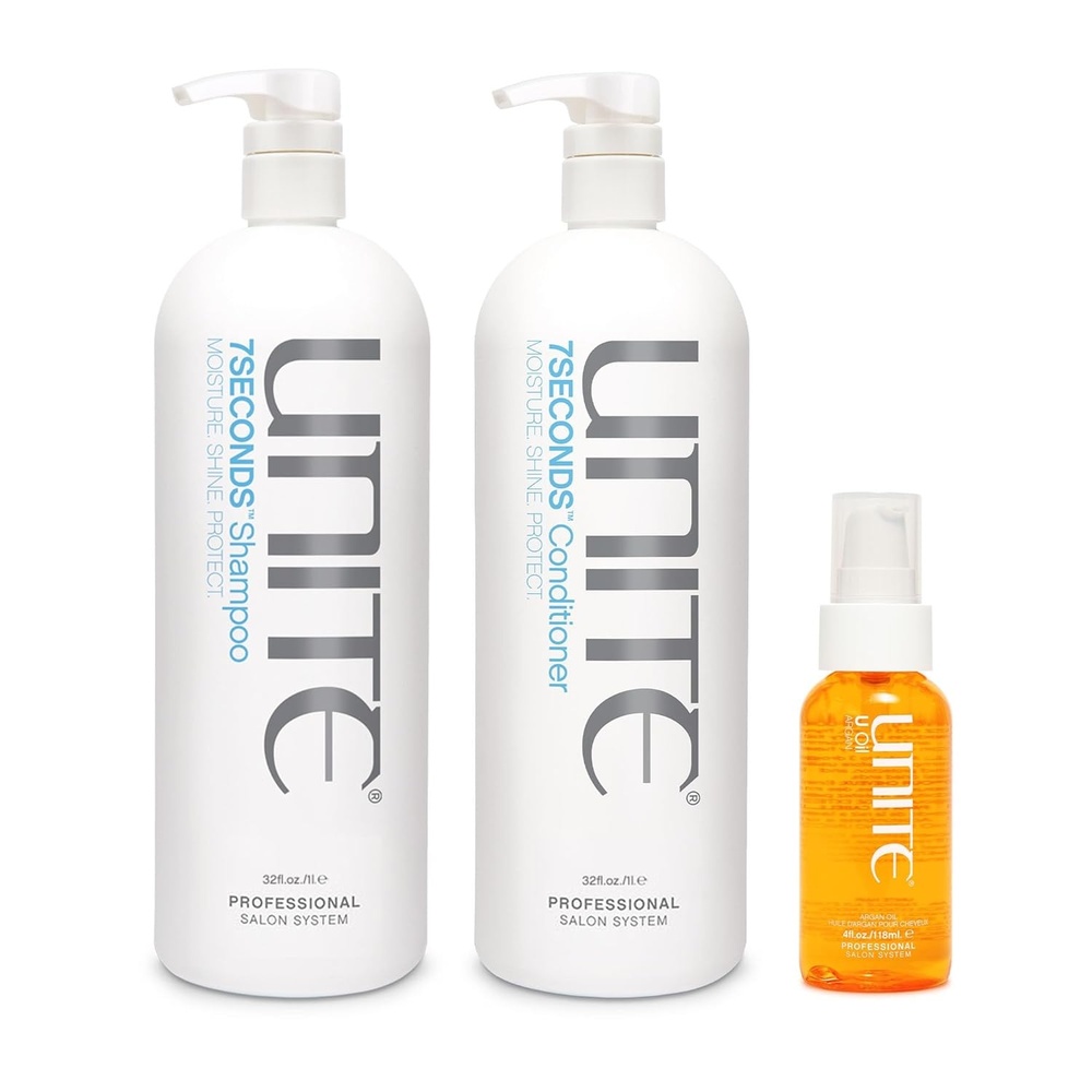 imageUNITE Hair 7SECONDS Shampoo Conditioner amp U Oil ProfessionalSize System for Deep Hydration Repair amp Brilliant Shine UV amp Heat Protection 32 Fl Oz 32 Fl Oz amp 4 Fl Oz